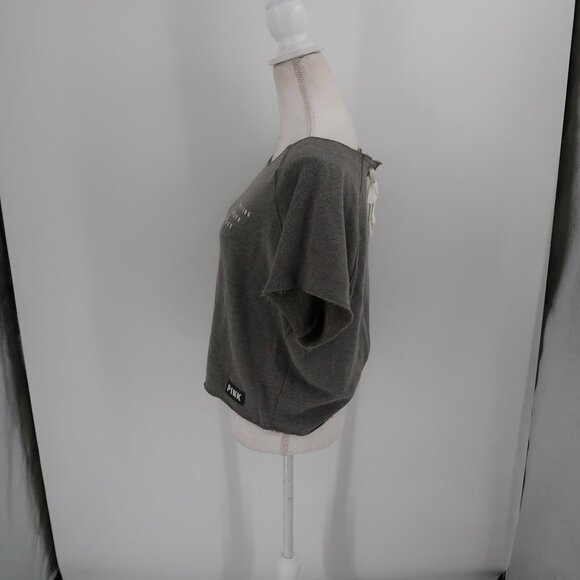 Victoria's Secret Pink Cut off Gray Sweatshirt Lace up Back Resting Beach Face M - Picture 5 of 7